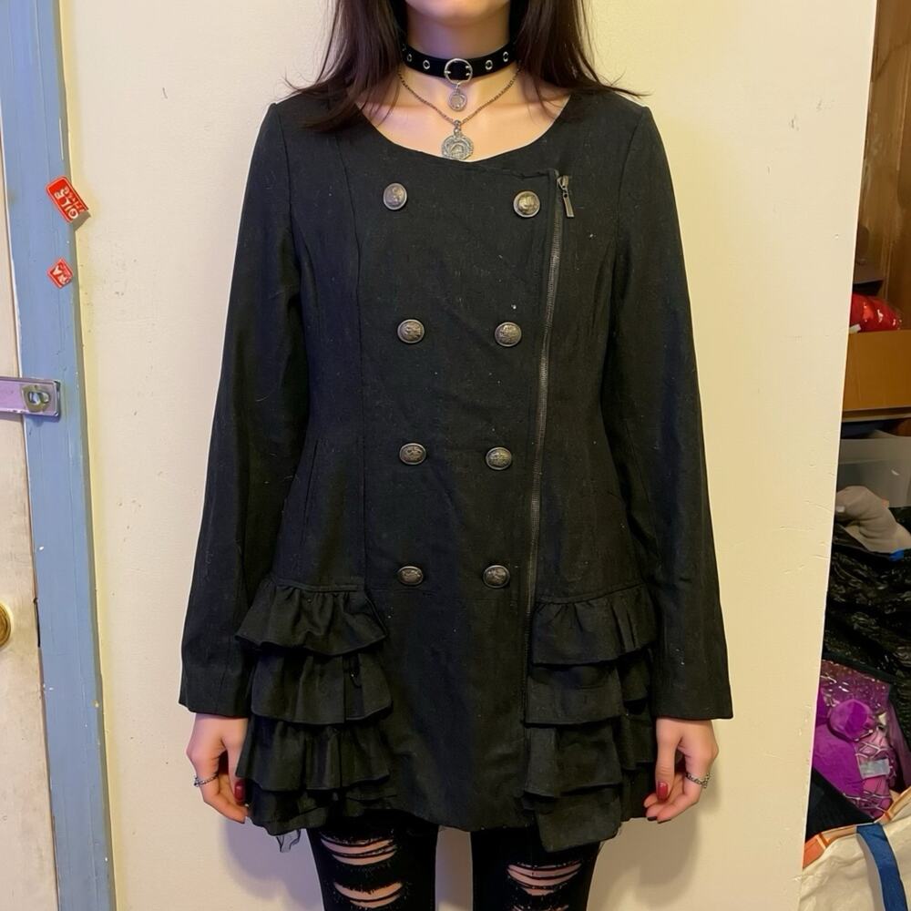 Cecico Black Ruffle-Hem Double-Breasted Jacket
